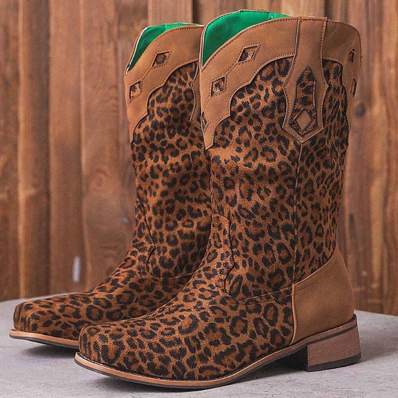 Stor Størrelse Dame Retro Etnisk Comfy Square Toe Leopard Cowboystøvler