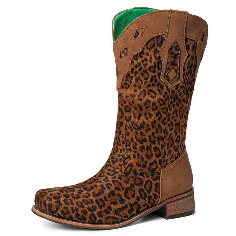 Stor Størrelse Dame Retro Etnisk Comfy Square Toe Leopard Cowboystøvler