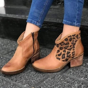 Uformell Skjøting Leopard Sideglidelås Chunky Heel Cowboy Ankelstøvler For Kvinner