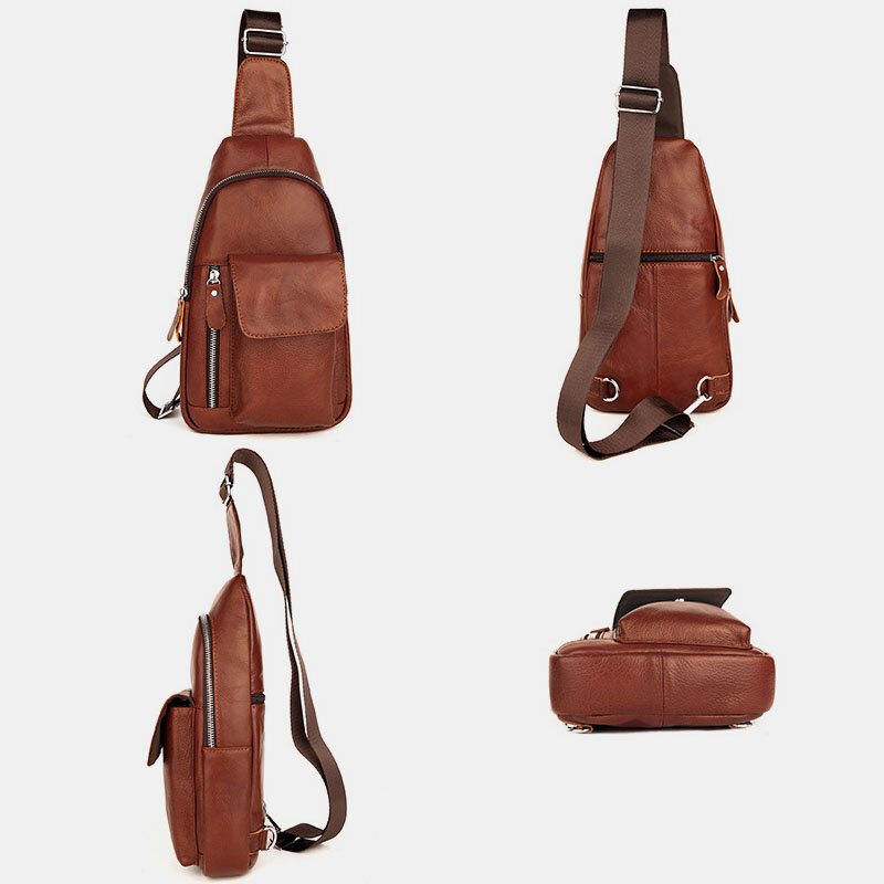 Herre Ekte Skinn Myk Vanntett Brystveske Outdoor Sport Retro Crossbody-vesker Med Stor Kapasitet Skulderveske