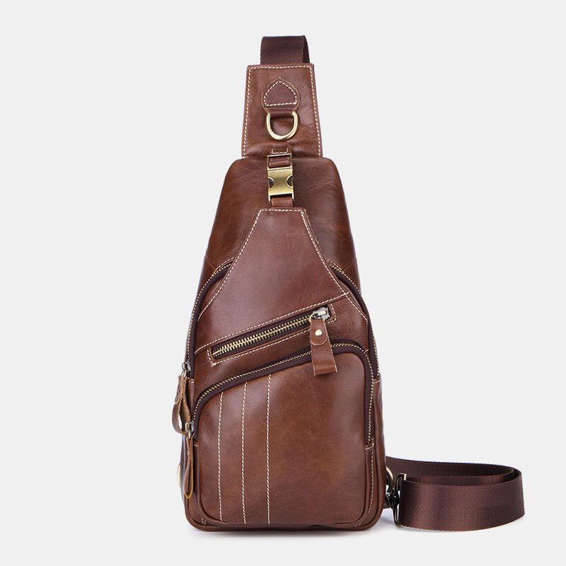 Herre Ekte Skinn Retro Business Casual Ensfarget Skinn Skulderveske Crossbody Vesker Brystveske