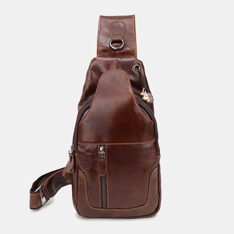 Menn Første Lag Kuskinn Retro Multi-lomme Hodetelefon Hull Design Brystveske Crossbody Bag