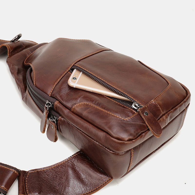 Menn Første Lag Kuskinn Retro Multi-lomme Hodetelefon Hull Design Brystveske Crossbody Bag