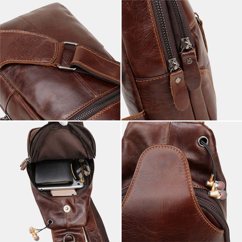 Menn Første Lag Kuskinn Retro Multi-lomme Hodetelefon Hull Design Brystveske Crossbody Bag