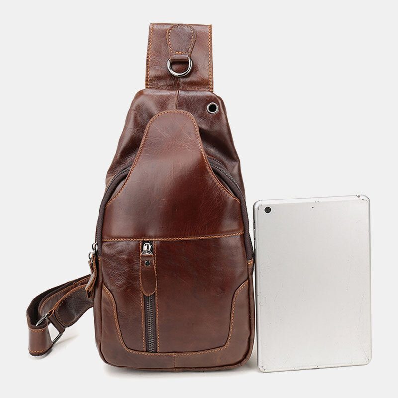 Menn Første Lag Kuskinn Retro Multi-lomme Hodetelefon Hull Design Brystveske Crossbody Bag