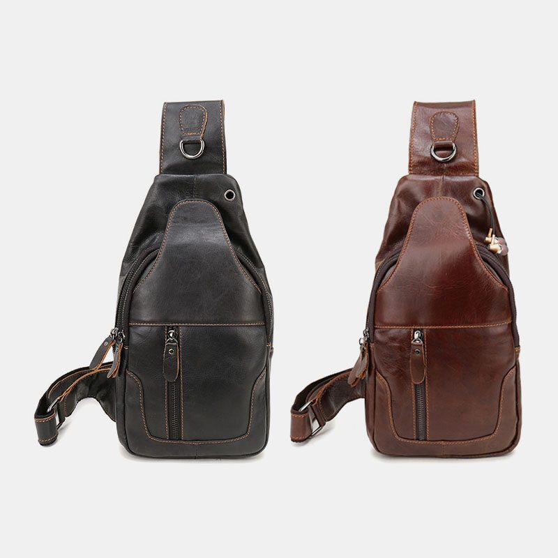 Menn Første Lag Kuskinn Retro Multi-lomme Hodetelefon Hull Design Brystveske Crossbody Bag