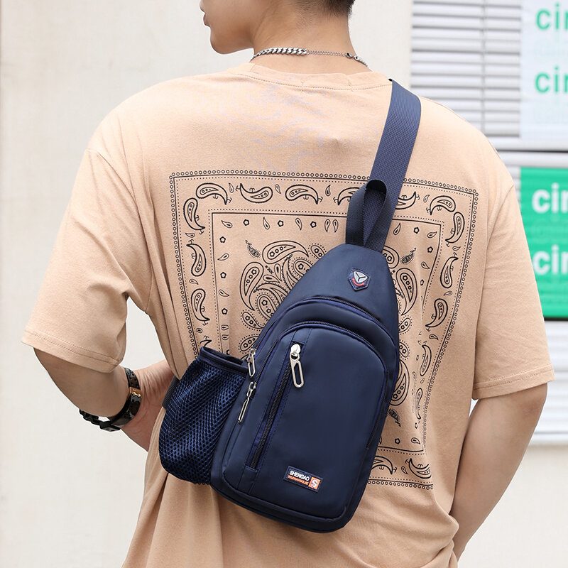 Menn Oxford Side Independent Water Cup Mesh Pocket Brystveske Multi-lomme Vanntett Crossbody Vesker Skulderveske