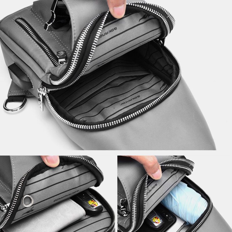 Menn Oxford Usb Lading Hodetelefon Hull Design Brystveske Multifunksjon Multilomme Vanntett Crossbody Skulderveske