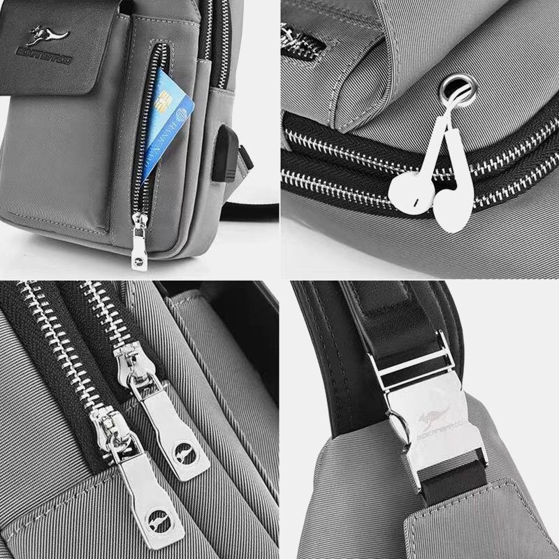 Menn Oxford Usb Lading Hodetelefon Hull Design Brystveske Multifunksjon Multilomme Vanntett Crossbody Skulderveske