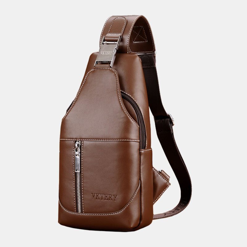 Menn Pu Leather Casual Multifunksjon Øretelefon Hull Crossbody Vesker Brystveske