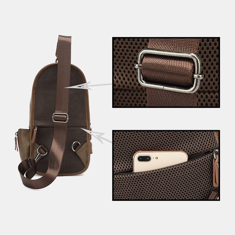 Menn Pu Skinn Vintage Multifunksjon Øretelefon Hull Usb Lading Crossbody Vesker Bryst Vesker Sling Bag