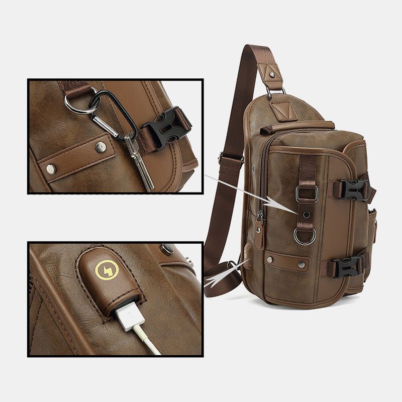 Menn Pu Skinn Vintage Multifunksjon Øretelefon Hull Usb Lading Crossbody Vesker Bryst Vesker Sling Bag