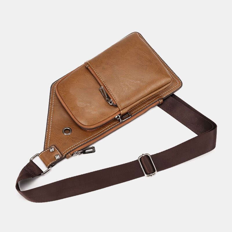 Menn Retro Pu Skinn Hodetelefon Hull Design Brystveske Flerlomme Vanntett Glidelås Crossbody Vesker Skulderveske