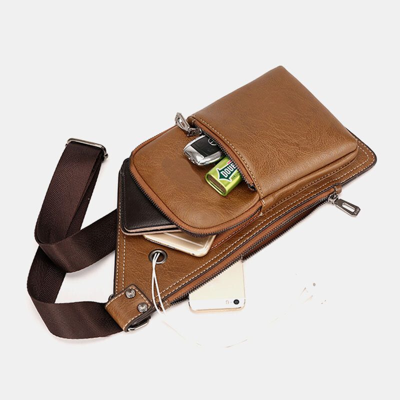 Menn Retro Pu Skinn Hodetelefon Hull Design Brystveske Flerlomme Vanntett Glidelås Crossbody Vesker Skulderveske