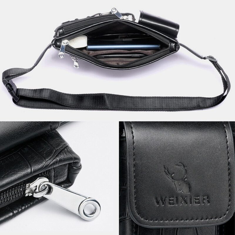 Pu Leather Multi-lomme Slitasjebestandig Brystveske Midjeveske Hodetelefon Hulldesign 6.5 Tommers Telefonveske Crossbody-vesker