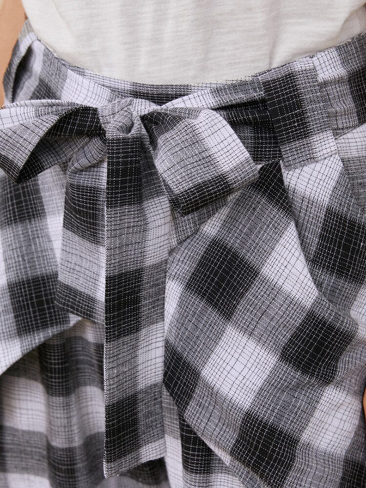 Plaid Print Knotted Pocket Høy Midje Løse Fritidsbukser For Kvinner