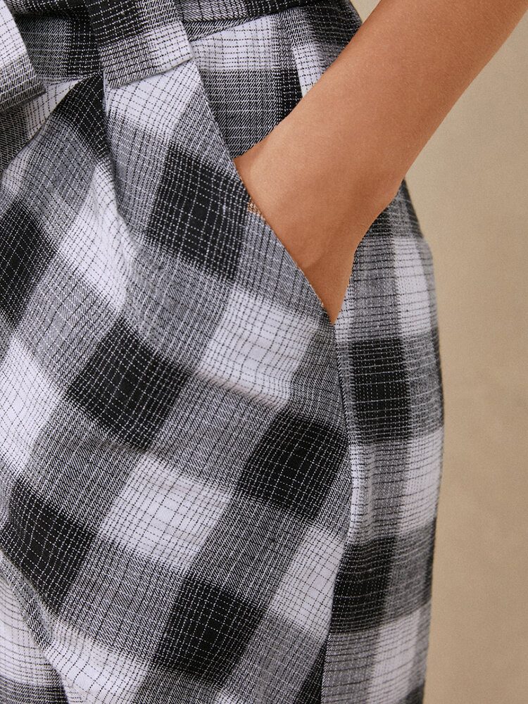 Plaid Print Knotted Pocket Høy Midje Løse Fritidsbukser For Kvinner