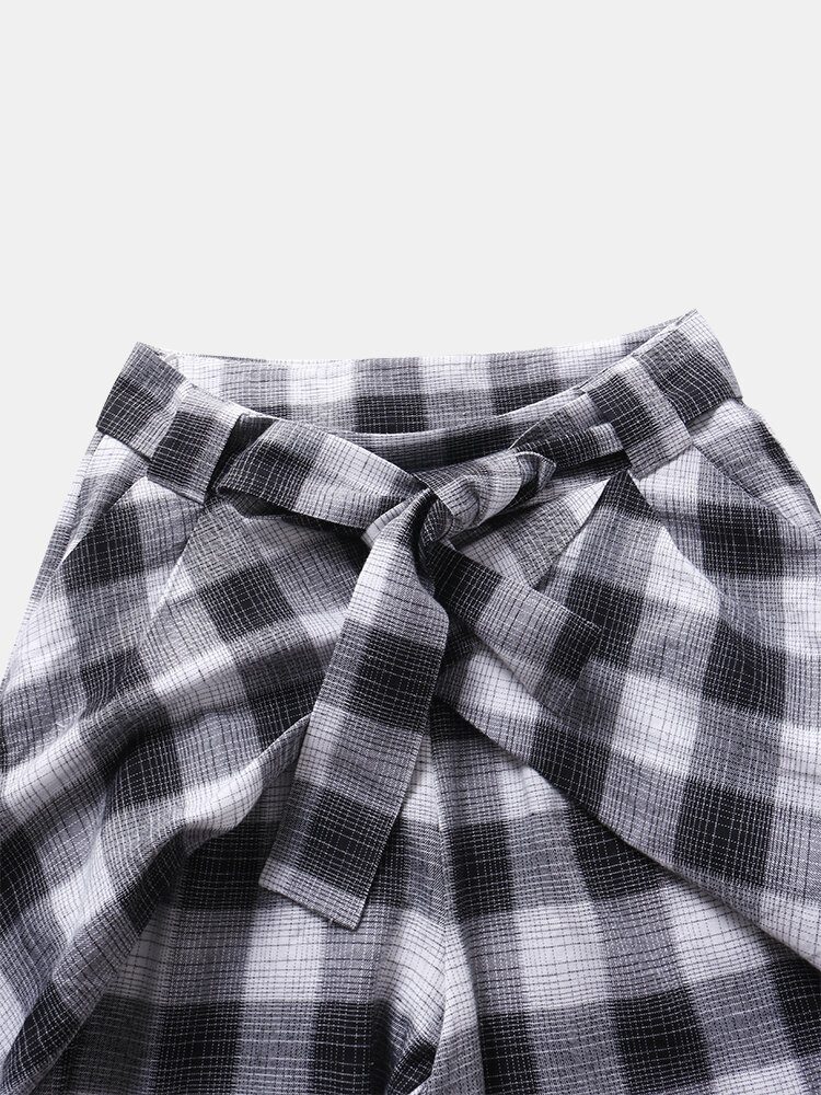 Plaid Print Knotted Pocket Høy Midje Løse Fritidsbukser For Kvinner