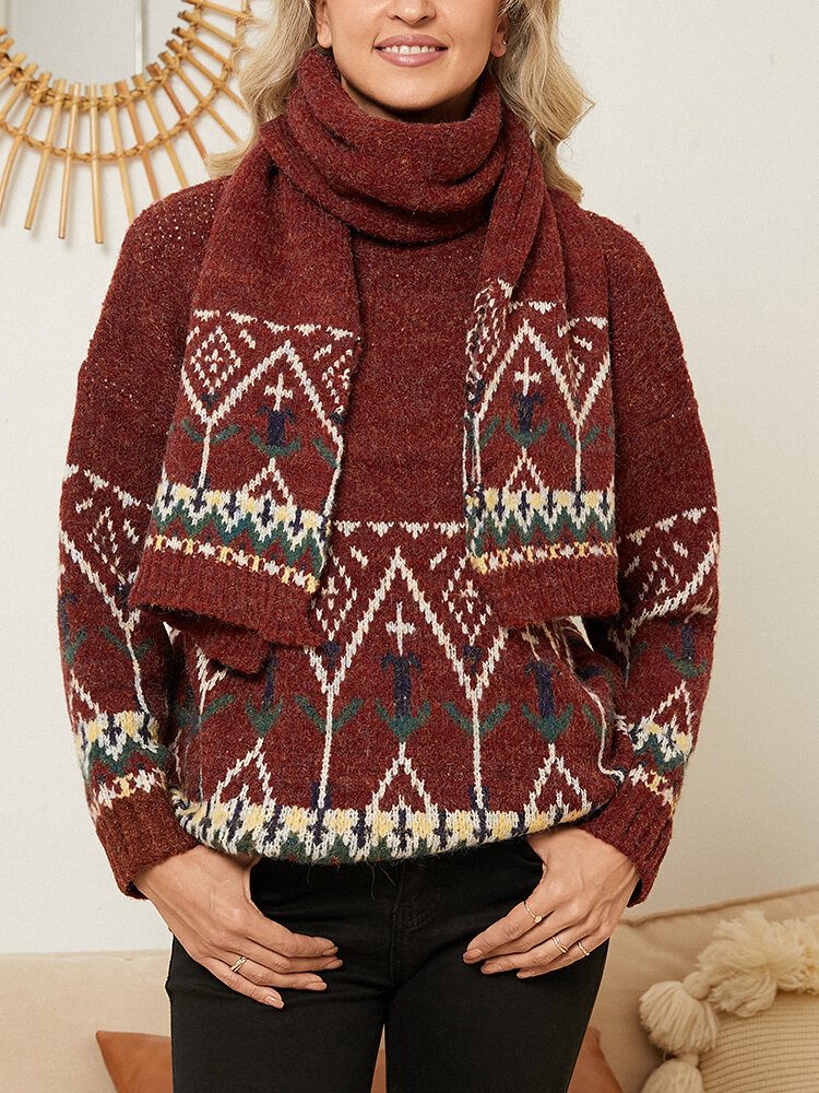 Dame Juleelementer Claret Vintage Med Skjerf Uformelle Gensere