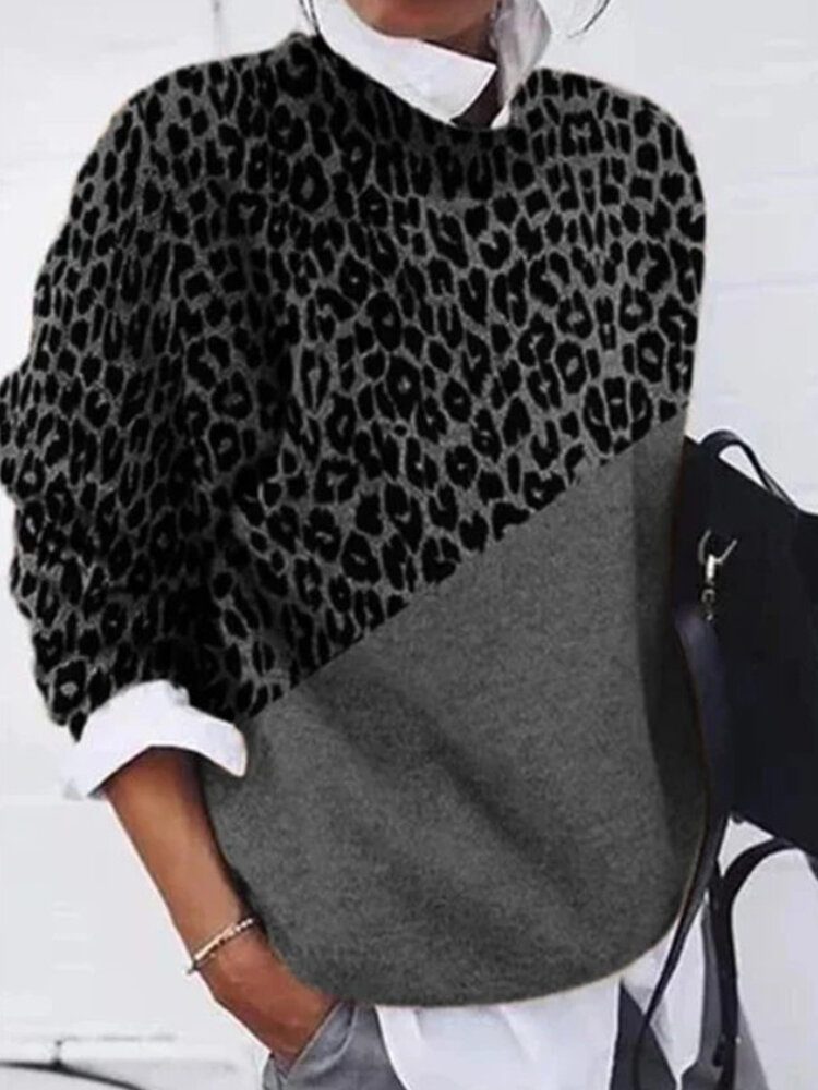 Dame Leopard Print Patchwork Rundhals Langermet Pullover Uformelle Gensere