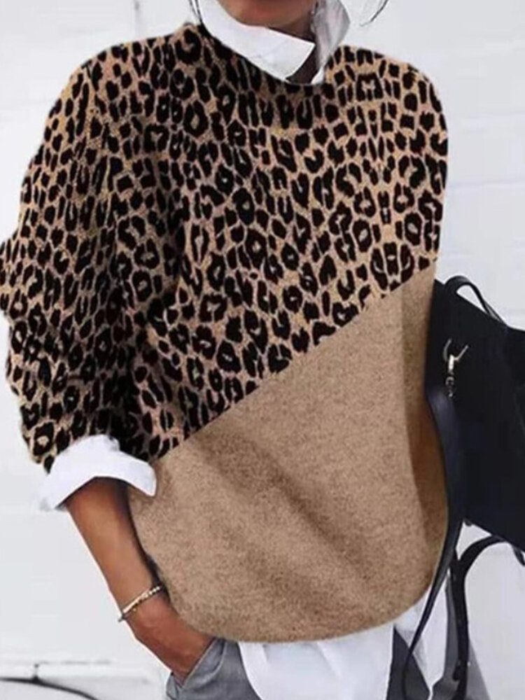 Dame Leopard Print Patchwork Rundhals Langermet Pullover Uformelle Gensere