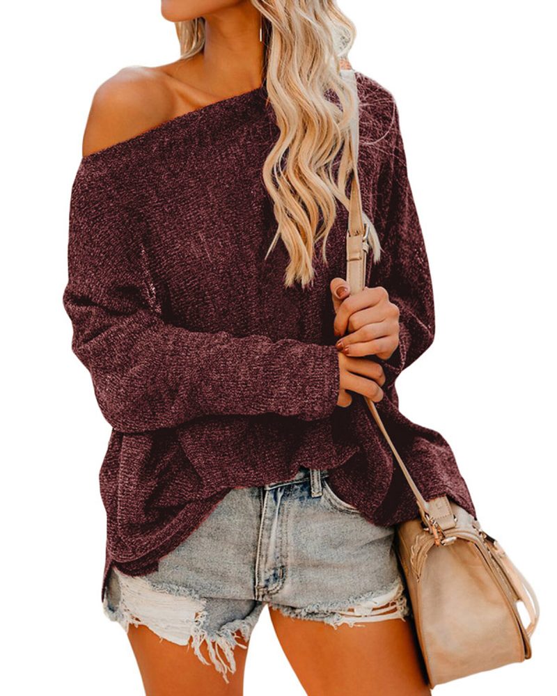 Dame Off Shoulder Langermet Bluse Casual Pullover Strikkede Gensere