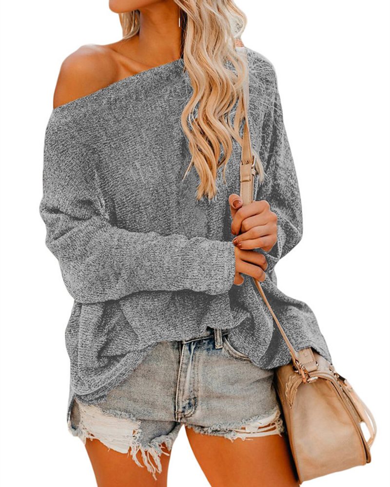 Dame Off Shoulder Langermet Bluse Casual Pullover Strikkede Gensere