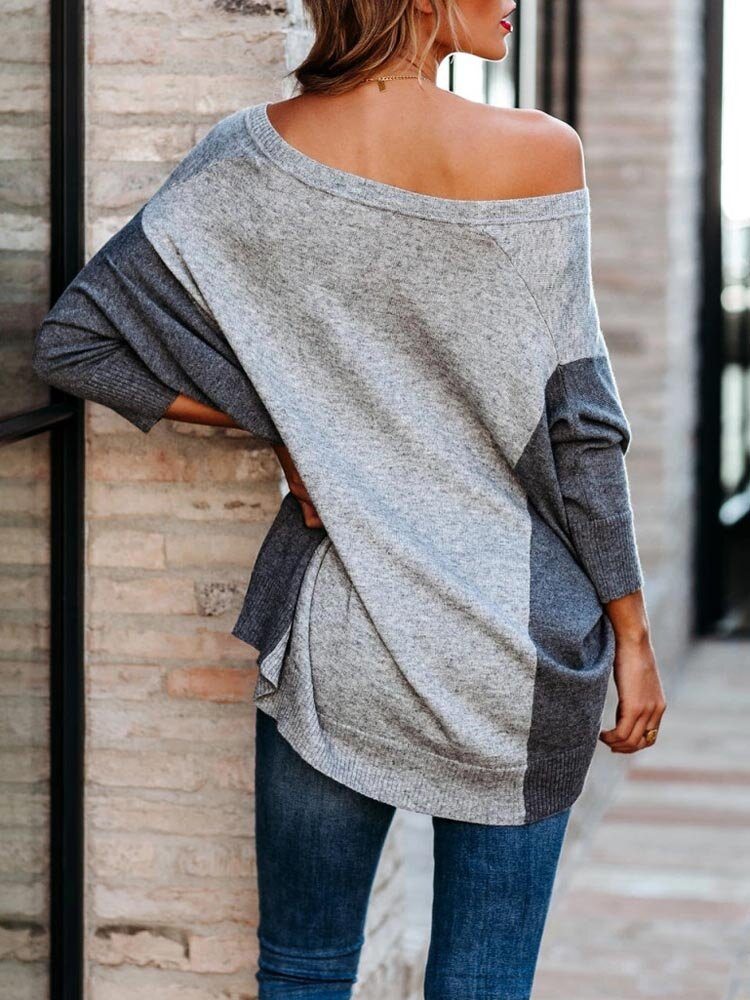 Dame Patchwork Colorblock Drop Sleeve V-hals Løs Daily Sweater