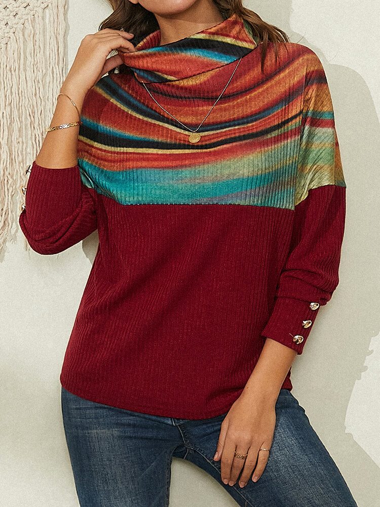 Dame Rainbow Striped Print Patchwork Turtleneck Ribbet Genser