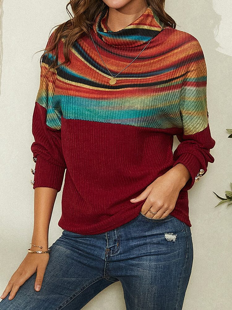 Dame Rainbow Striped Print Patchwork Turtleneck Ribbet Genser