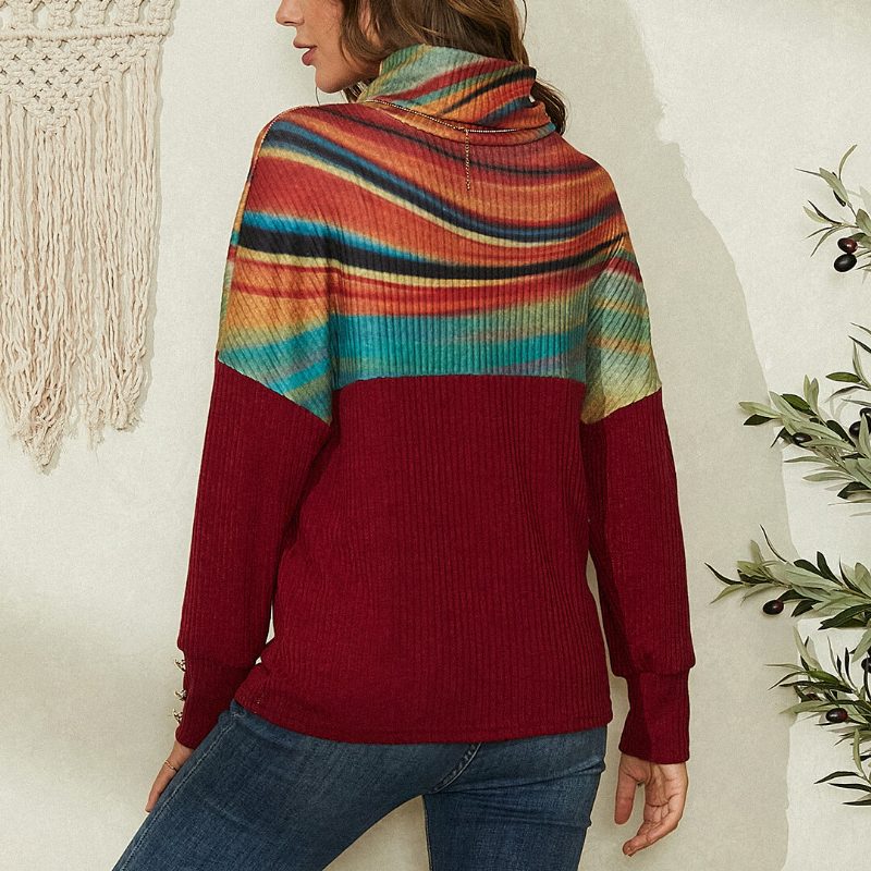 Dame Rainbow Striped Print Patchwork Turtleneck Ribbet Genser