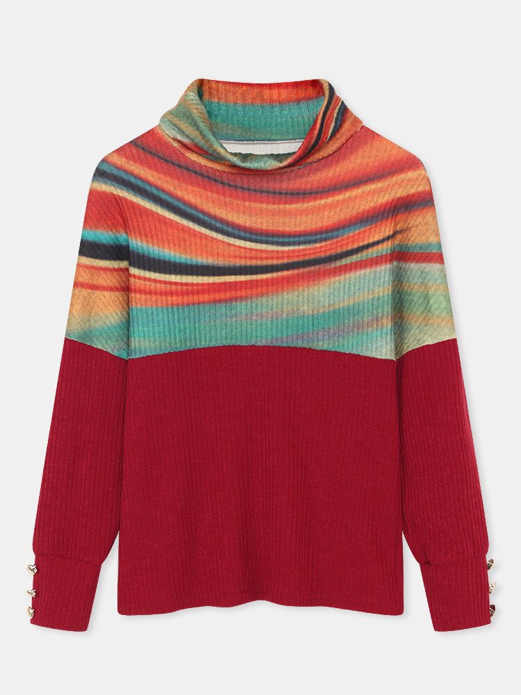 Dame Rainbow Striped Print Patchwork Turtleneck Ribbet Genser