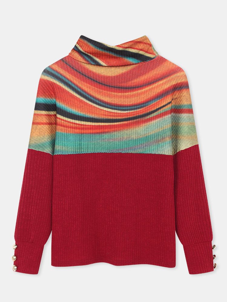 Dame Rainbow Striped Print Patchwork Turtleneck Ribbet Genser