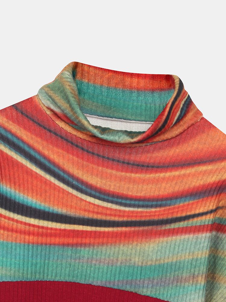 Dame Rainbow Striped Print Patchwork Turtleneck Ribbet Genser