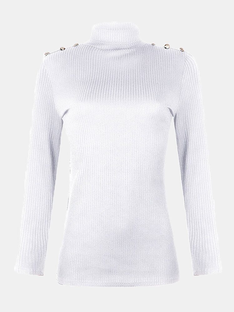 Dame Turtleneck Ensfarget Knapp Langermet Basic Genser