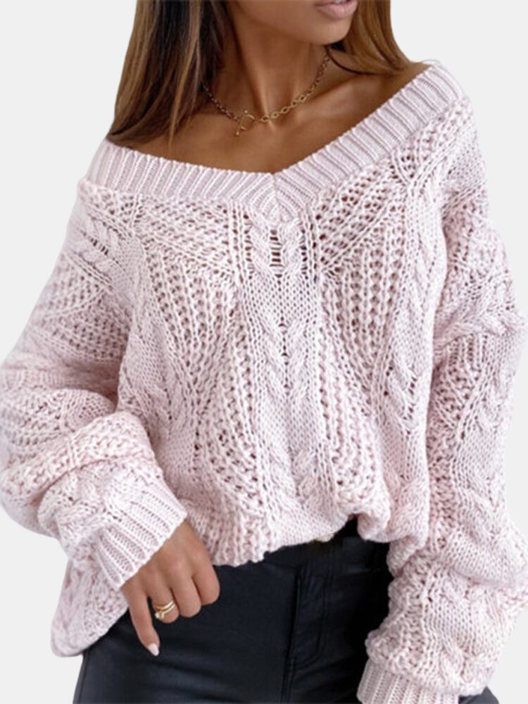 Dame V-hals Ensfarget Knitting Hollow Out Casual Gensere