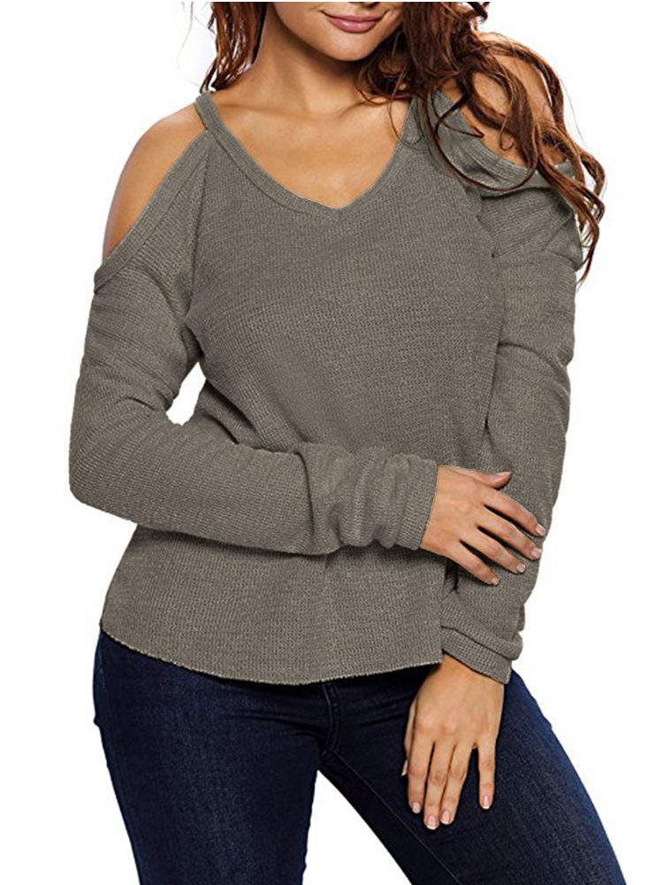 Dame V Neck Pullover Cold Shoulder Langermede Gensere For Dame