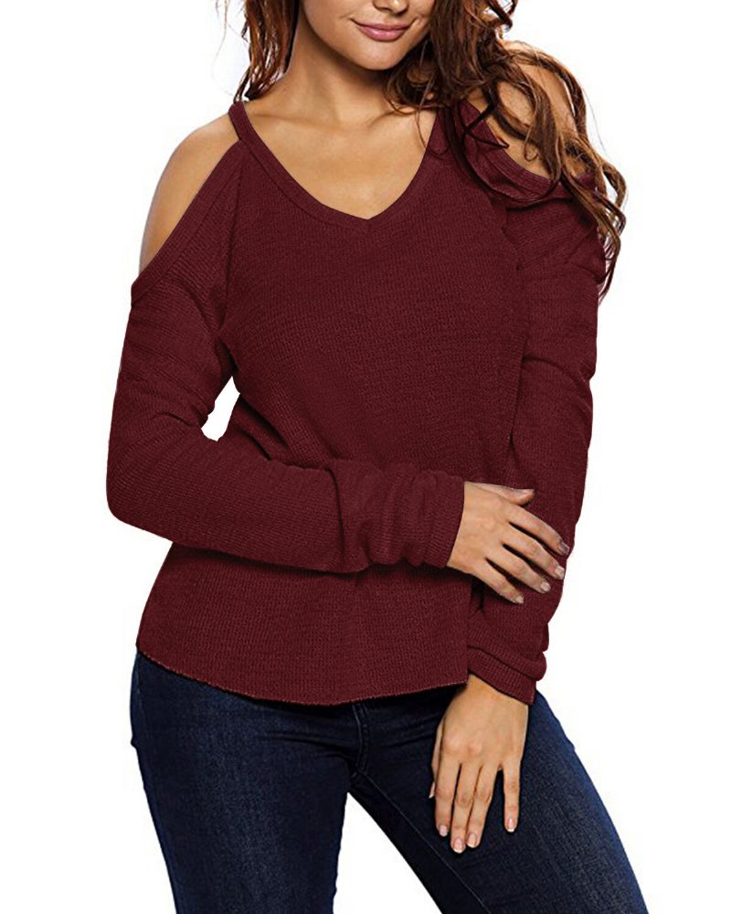 Dame V Neck Pullover Cold Shoulder Langermede Gensere For Dame