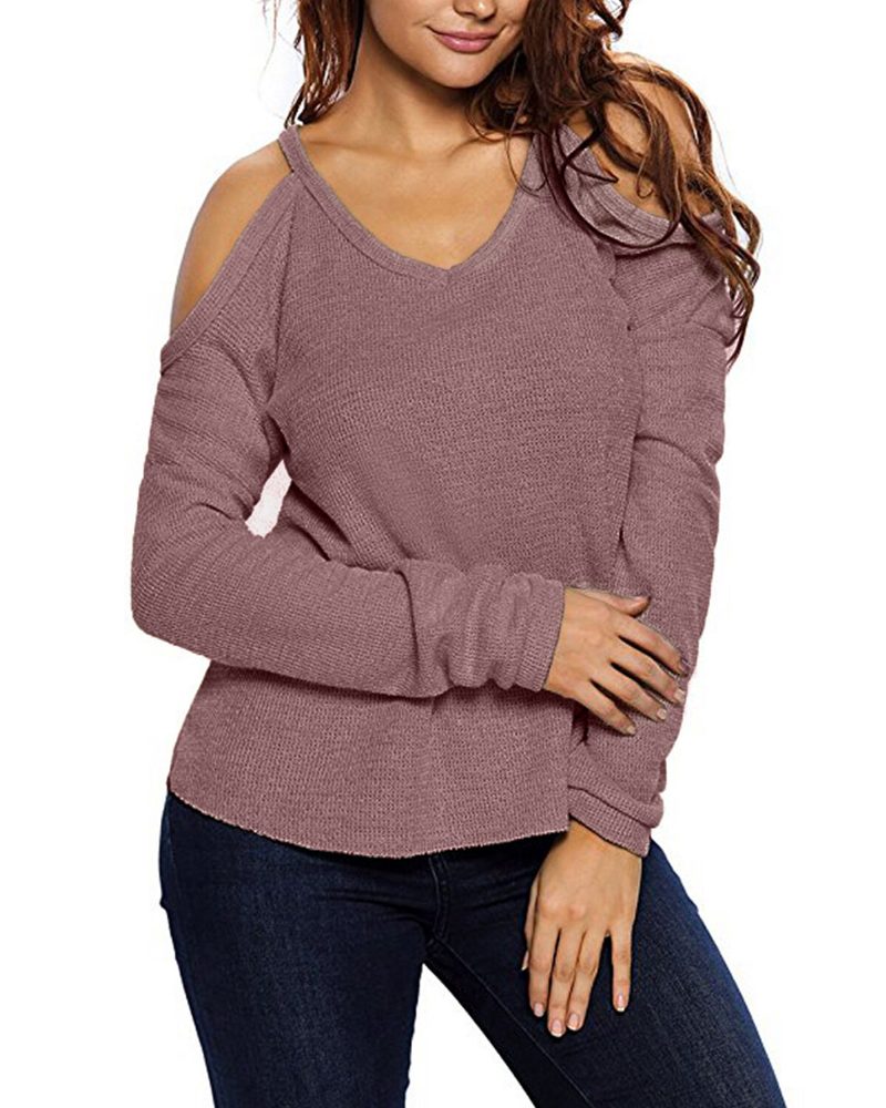 Dame V Neck Pullover Cold Shoulder Langermede Gensere For Dame