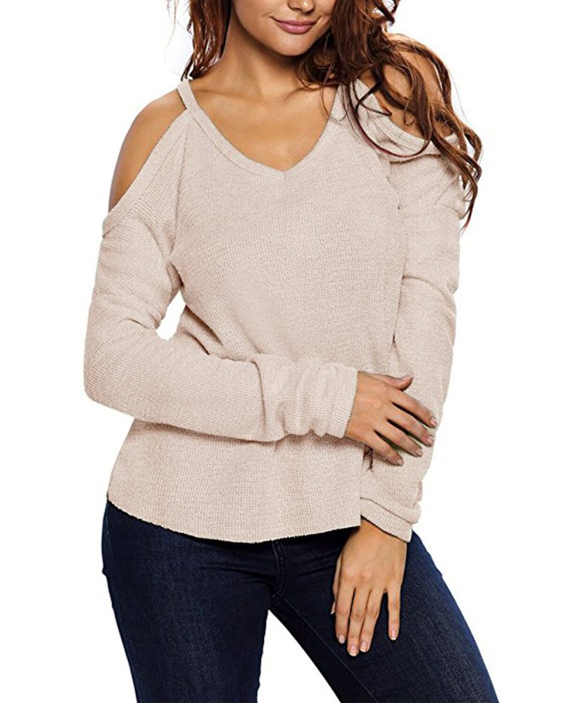 Dame V Neck Pullover Cold Shoulder Langermede Gensere For Dame