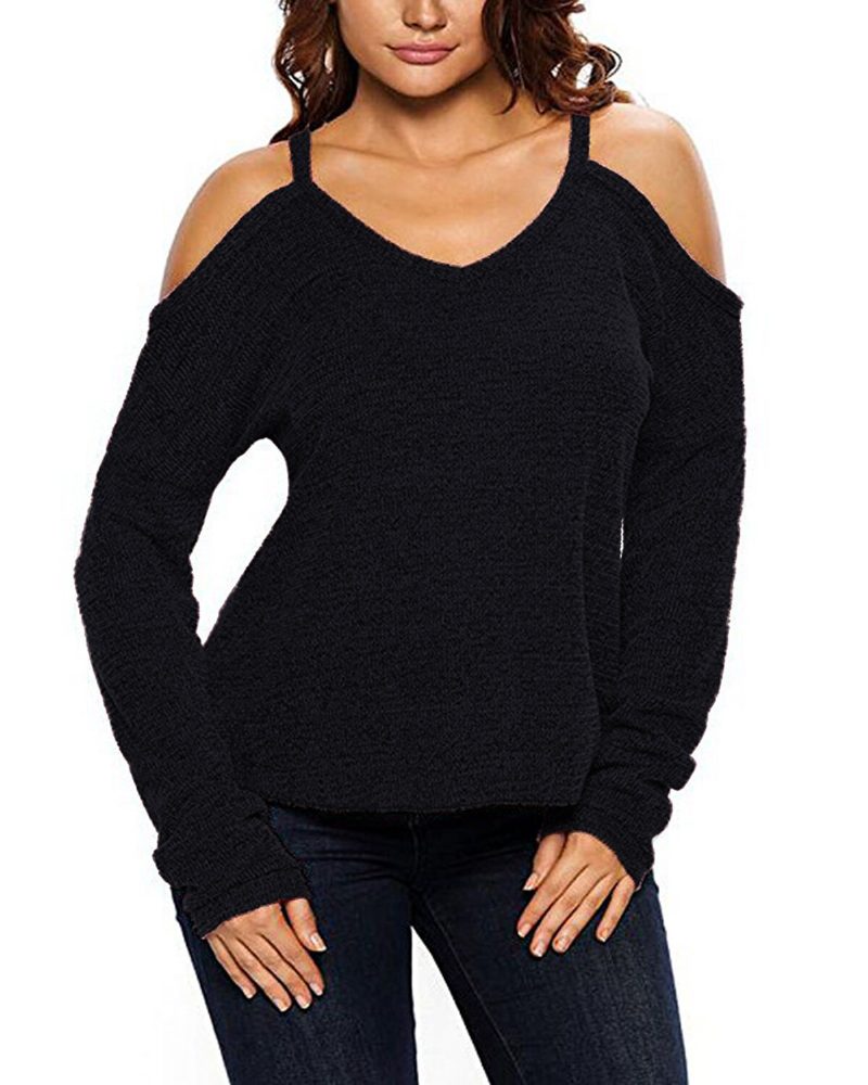 Dame V Neck Pullover Cold Shoulder Langermede Gensere For Dame