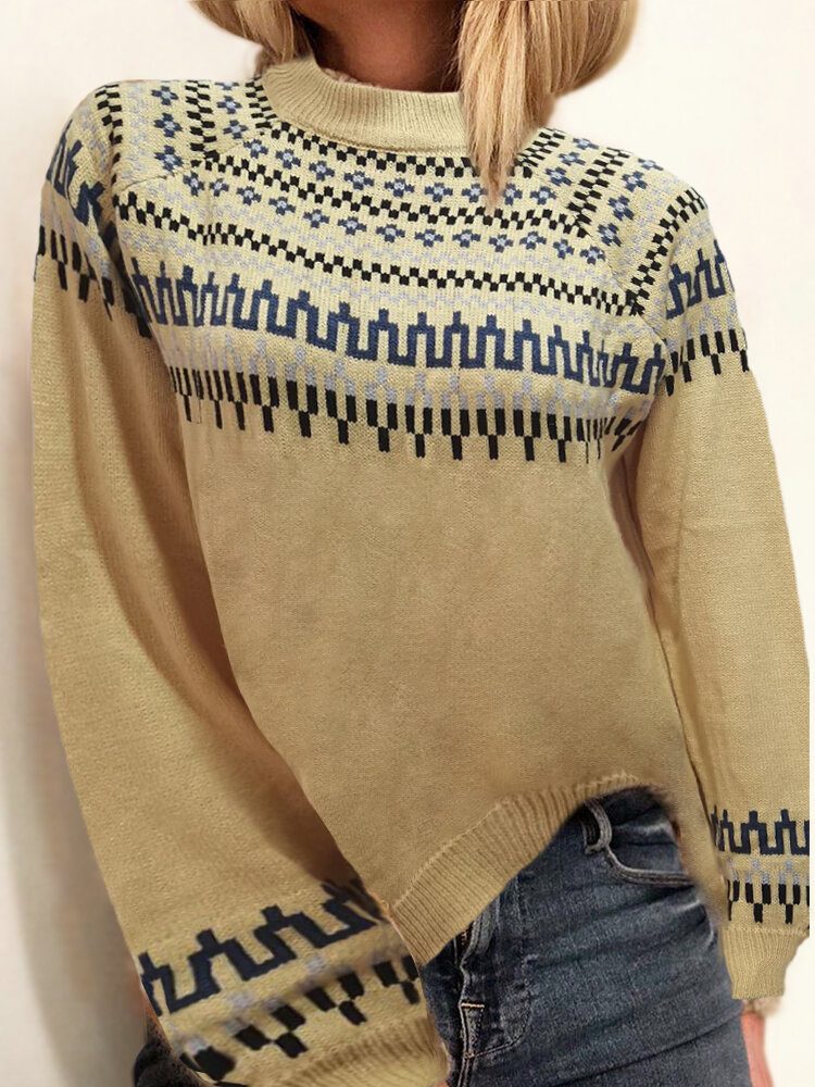 Dame Vintage Jacquard Trykt Halvkrage Casual Pullover Strikket Genser