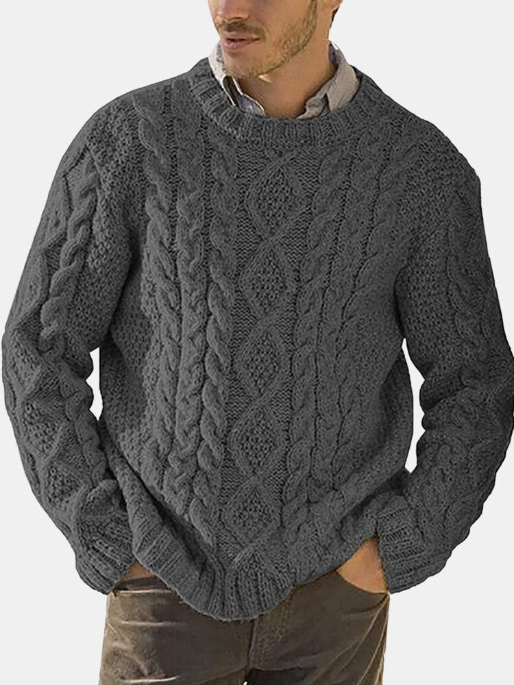 Herre Solid Cable Strikke Rundhals Casual Pullover Gensere