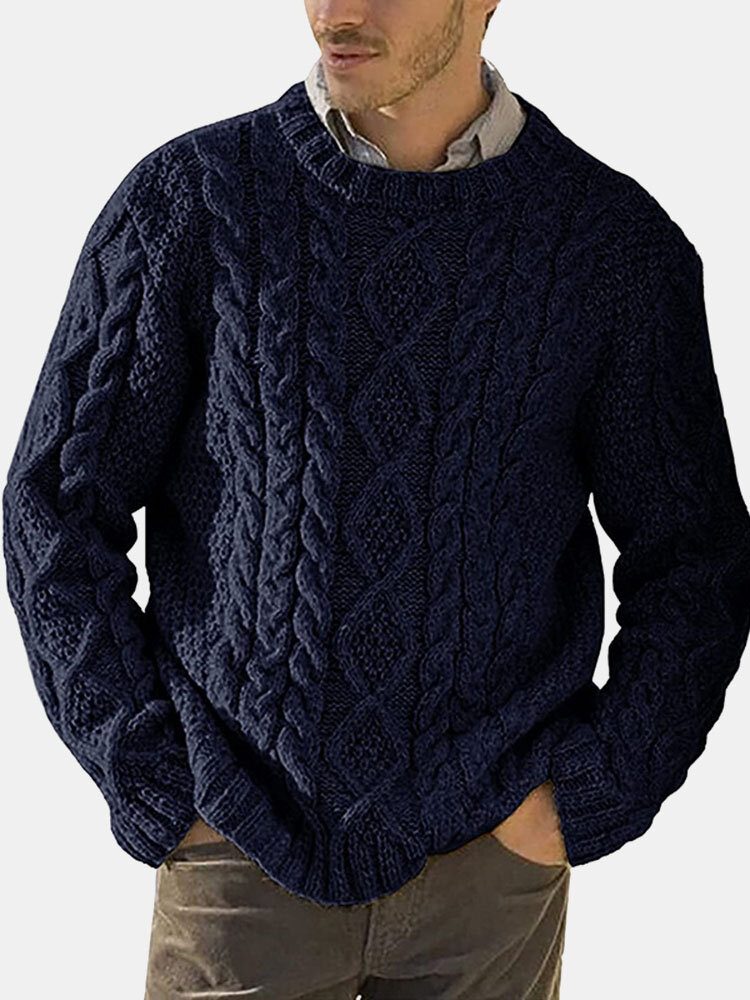 Herre Solid Cable Strikke Rundhals Casual Pullover Gensere