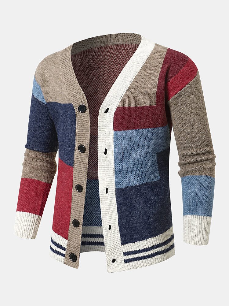 Herrestrikket Patchwork Color Block Button V-hals Casual Gensere