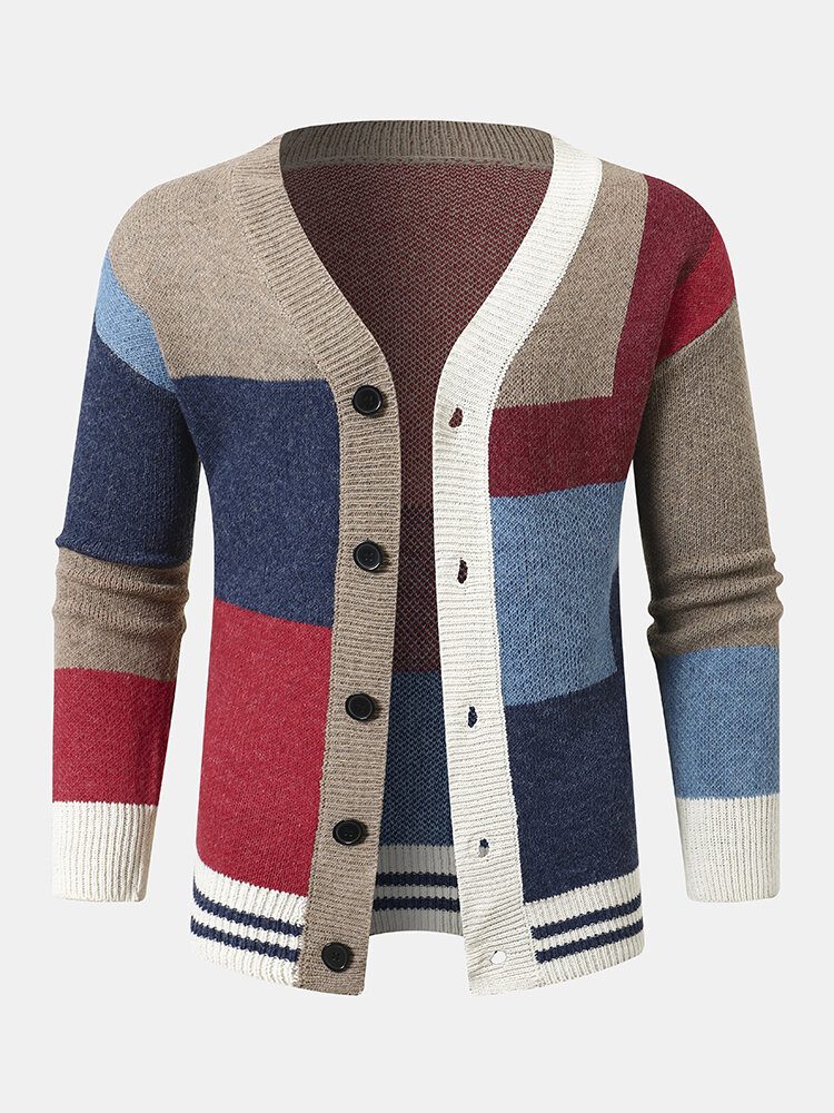 Herrestrikket Patchwork Color Block Button V-hals Casual Gensere