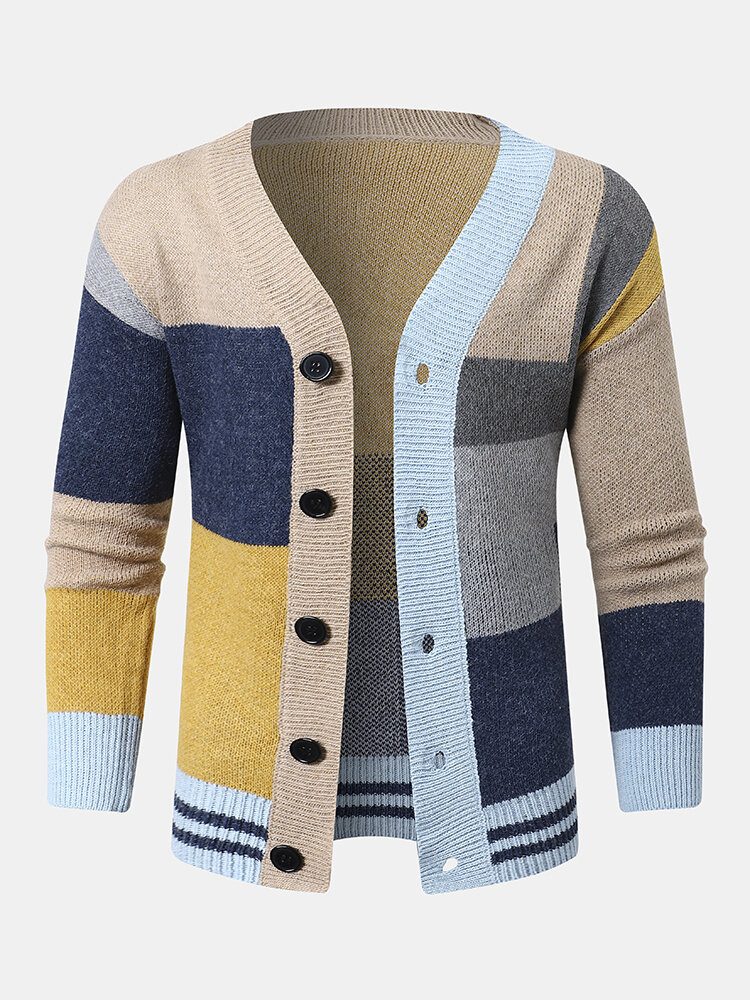 Herrestrikket Patchwork Color Block Button V-hals Casual Gensere