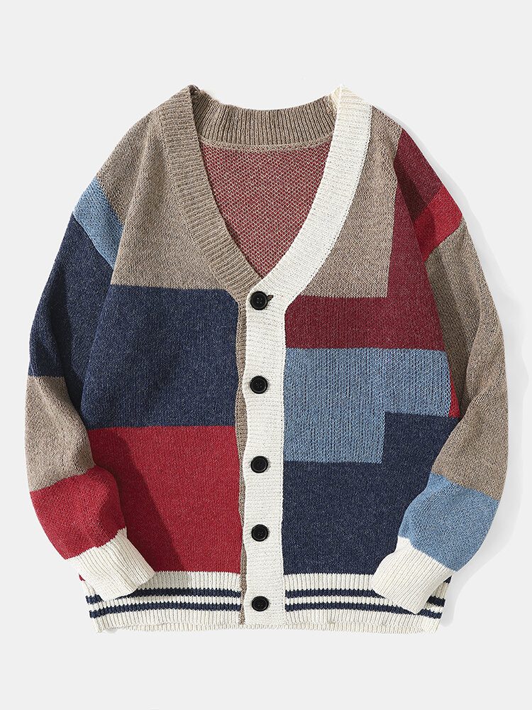 Herrestrikket Patchwork Color Block Button V-hals Casual Gensere