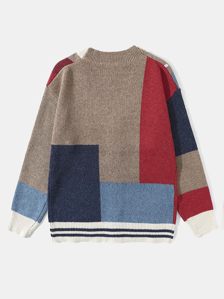 Herrestrikket Patchwork Color Block Button V-hals Casual Gensere