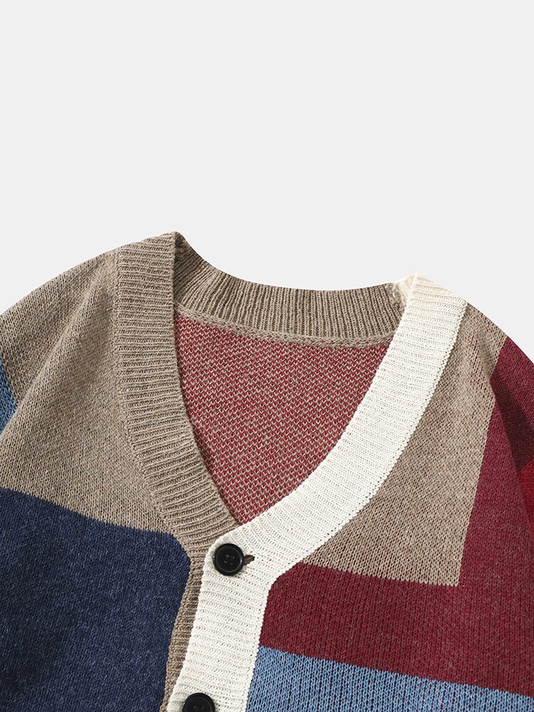 Herrestrikket Patchwork Color Block Button V-hals Casual Gensere